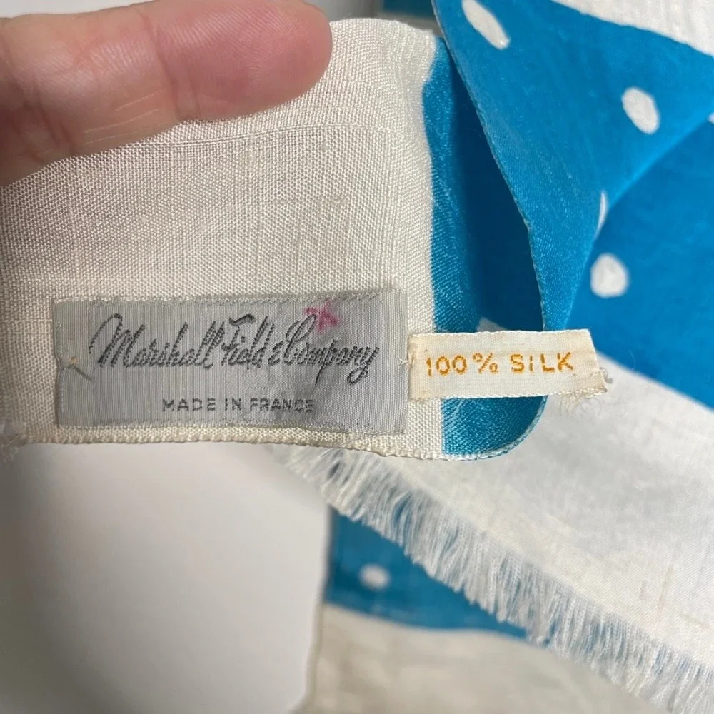 Silk Scarf Vintage Womens OS Blue Polka Dot Stripe Made in France Mod Retro Chic